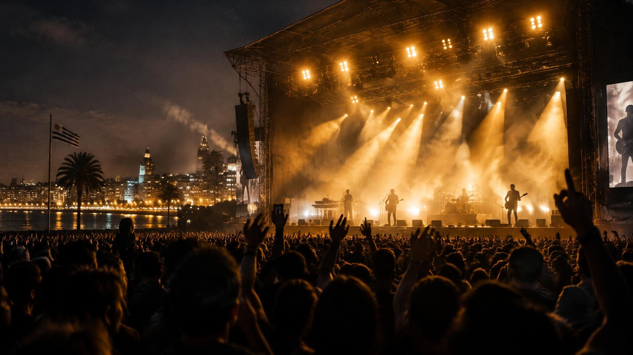 Live concert stage with spotlights and a crowd in silhouette