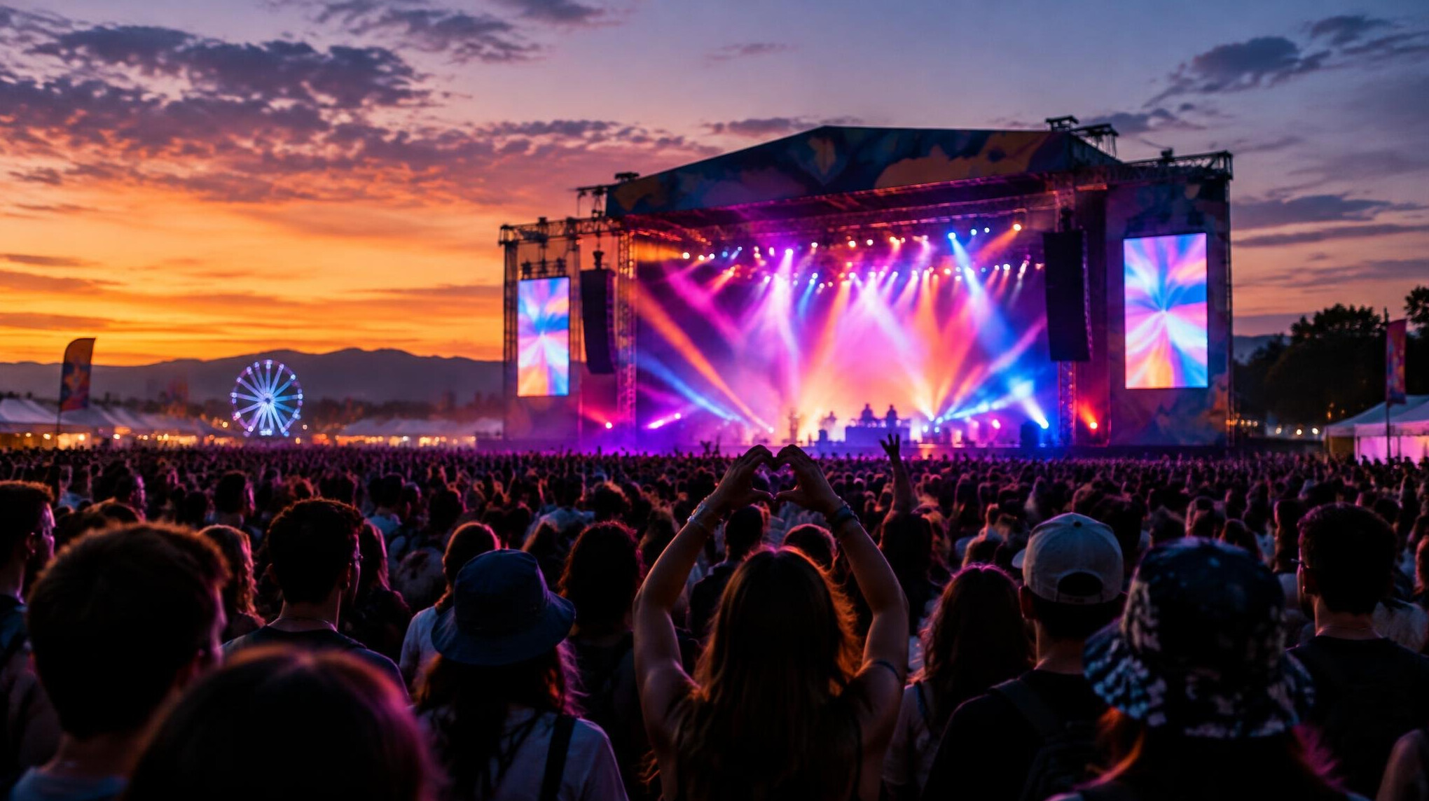 Music festival crowd under stage lights
