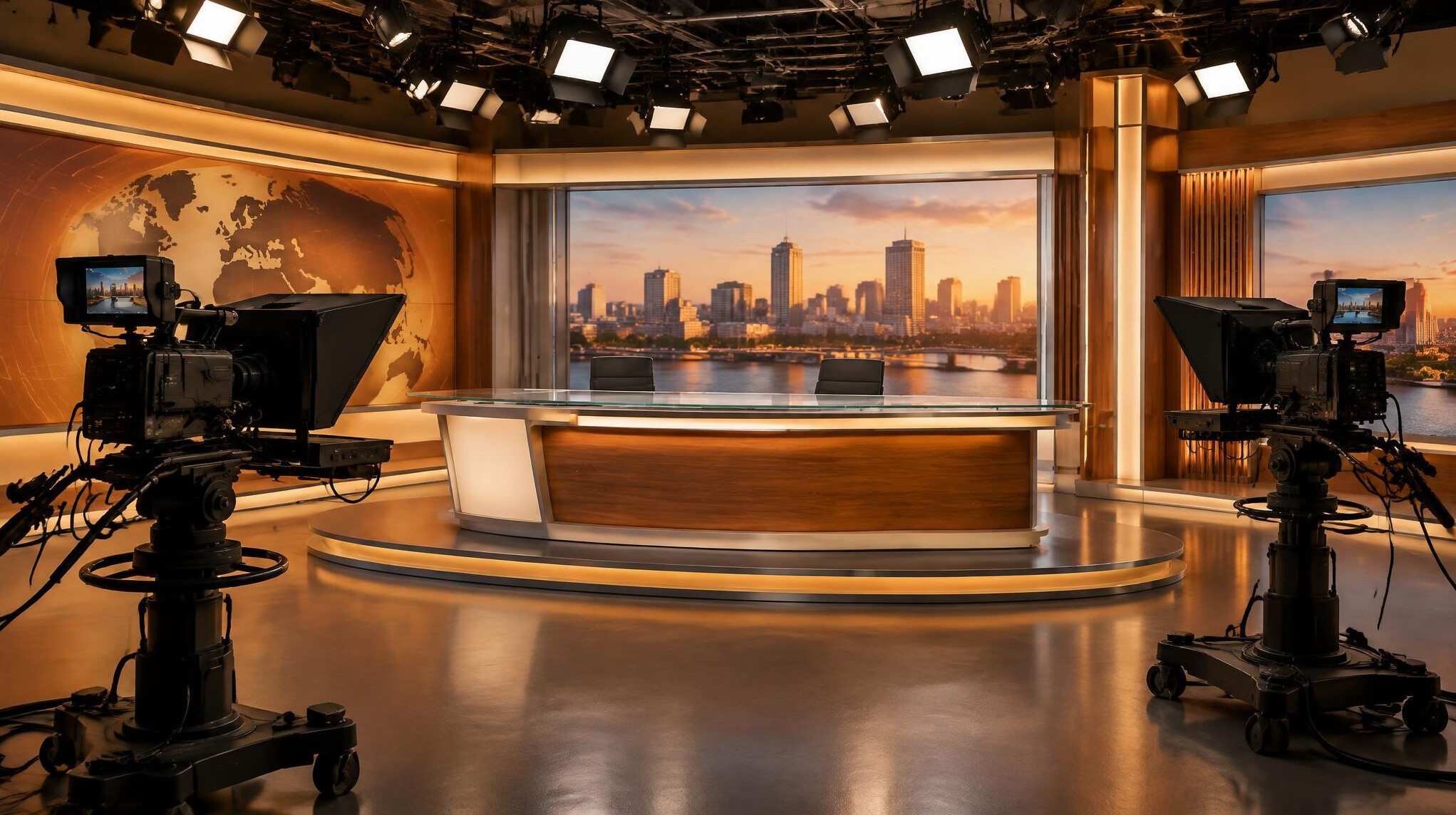Television studio with cameras and lighting rigs