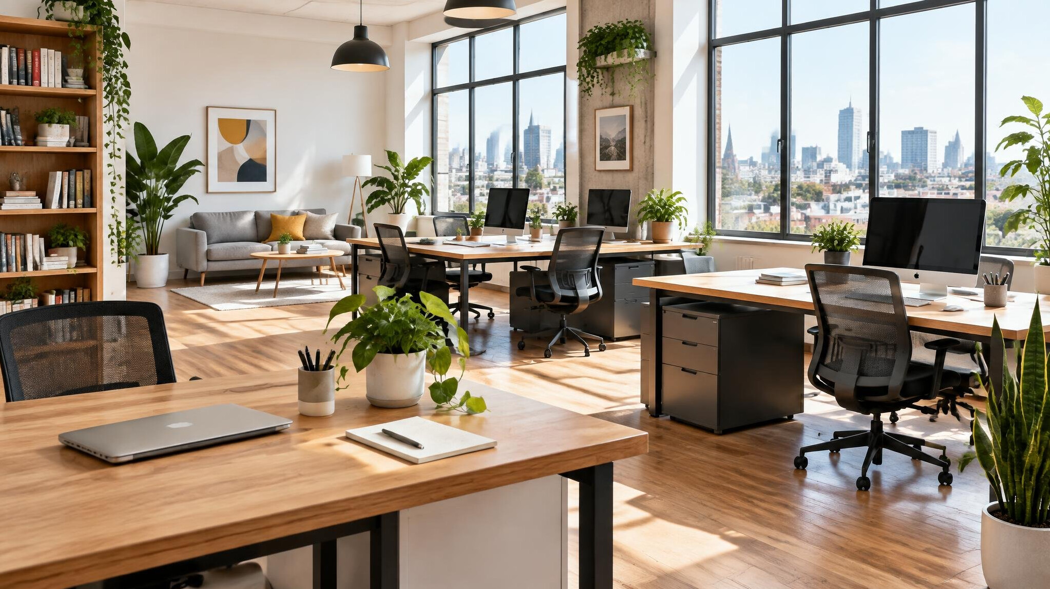 Bright modern editorial office with desks and large windows