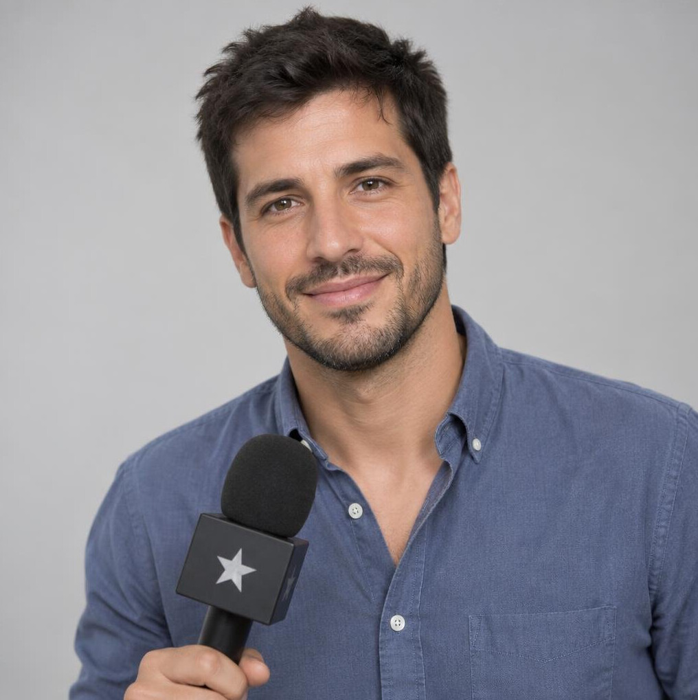 Portrait of a bearded man journalist in his thirties