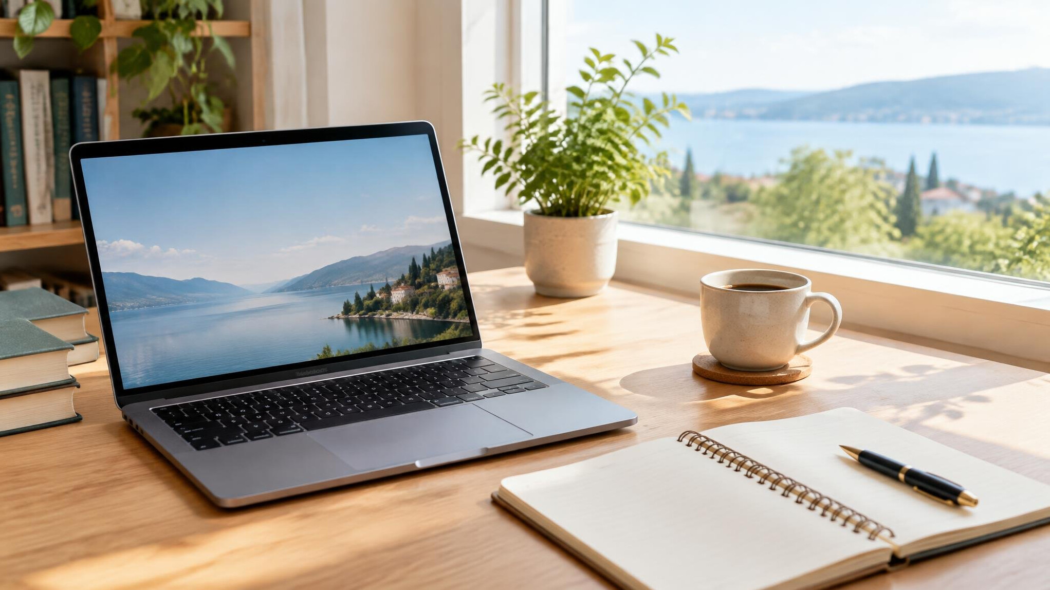 Laptop and notebook on a bright desk for reading online magazines