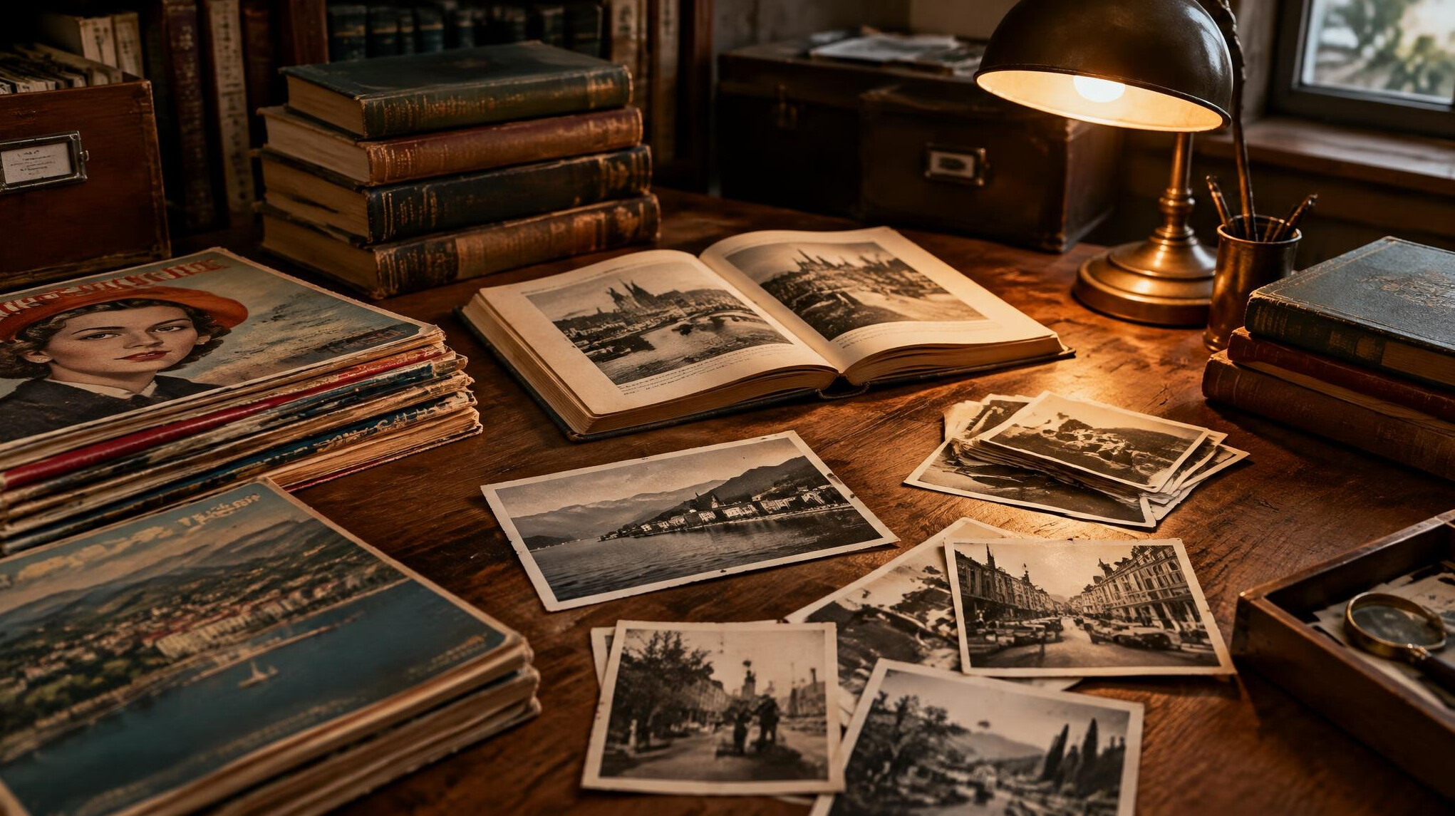 Stack of old books and magazines on a wooden desk