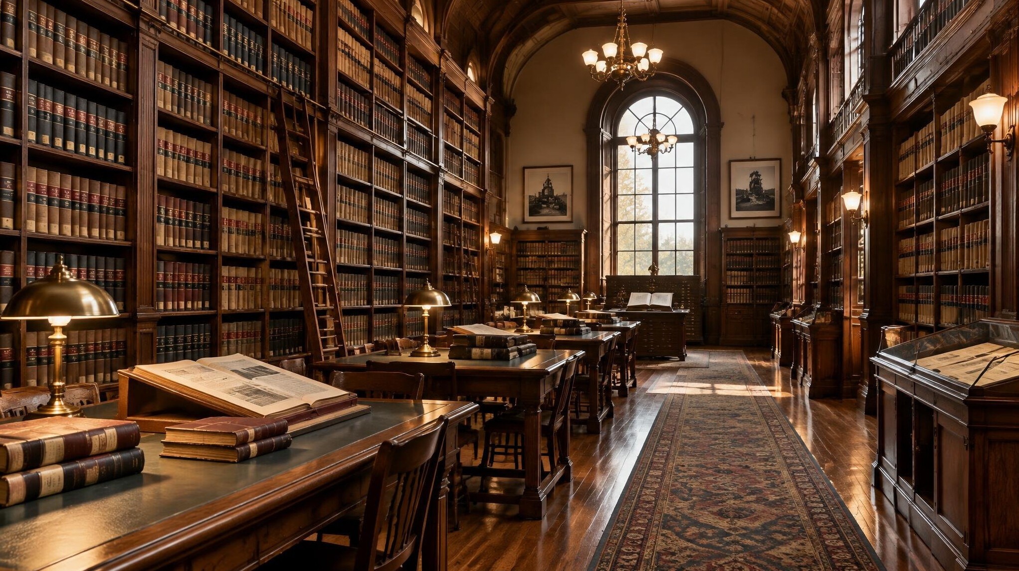 Classic library with tall shelves full of books