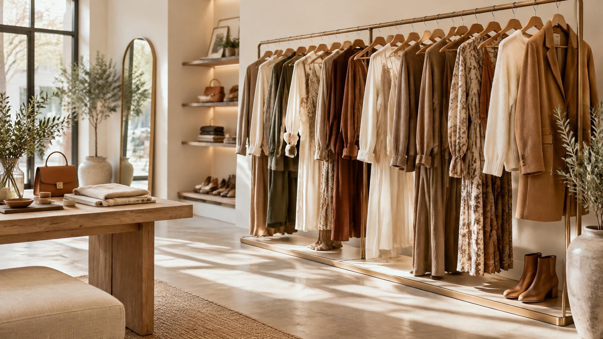 Elegant boutique clothing rack with fashionable garments