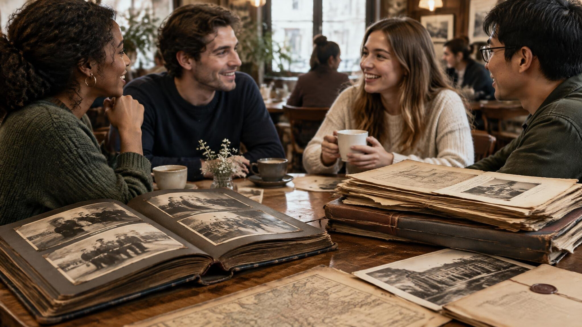 group of friends chatting in cafe